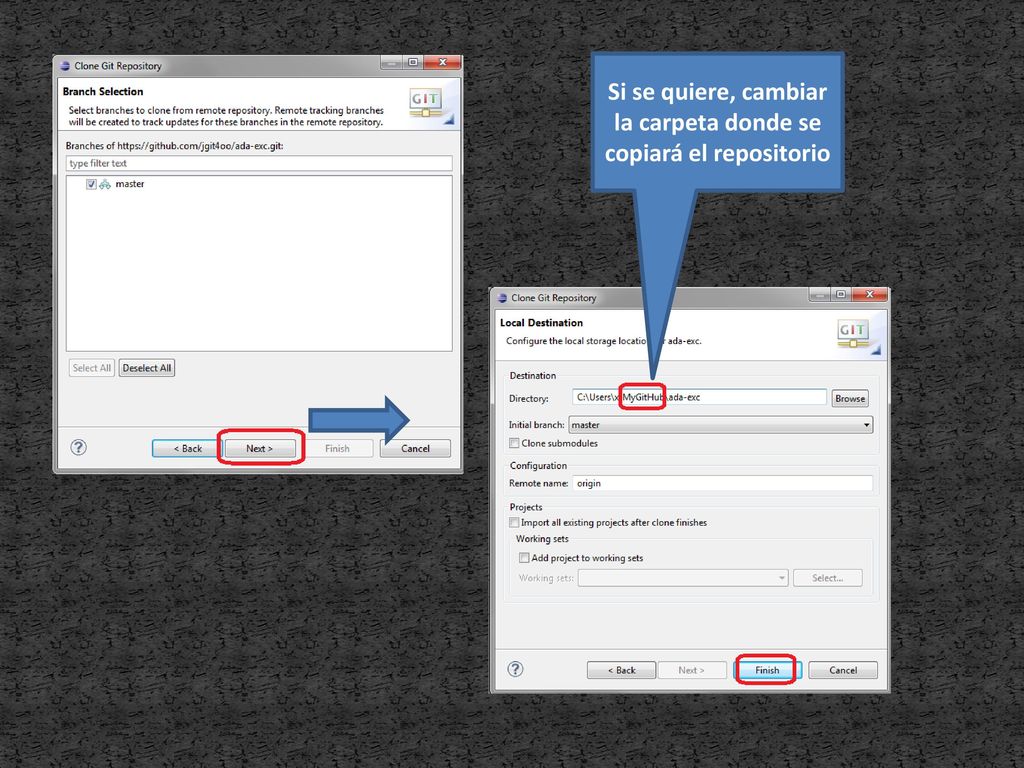 Si se quiere, cambiar la carpeta donde se copiará el repositorio