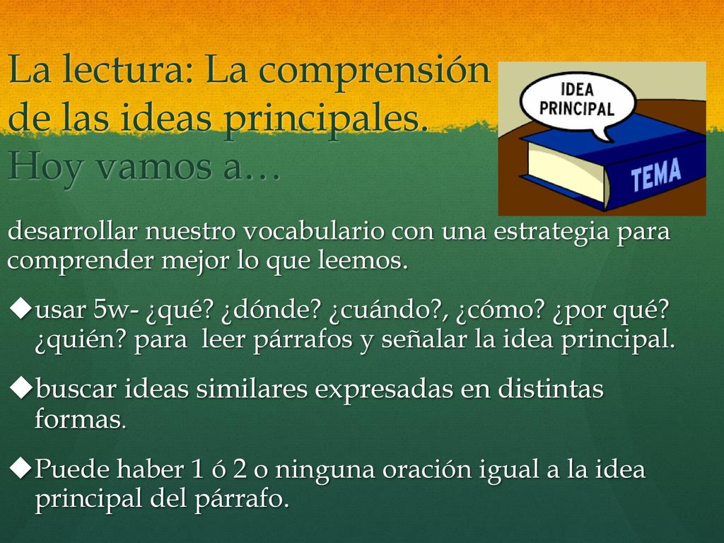 La lectura: La comprensión de las ideas principales. Hoy vamos a…