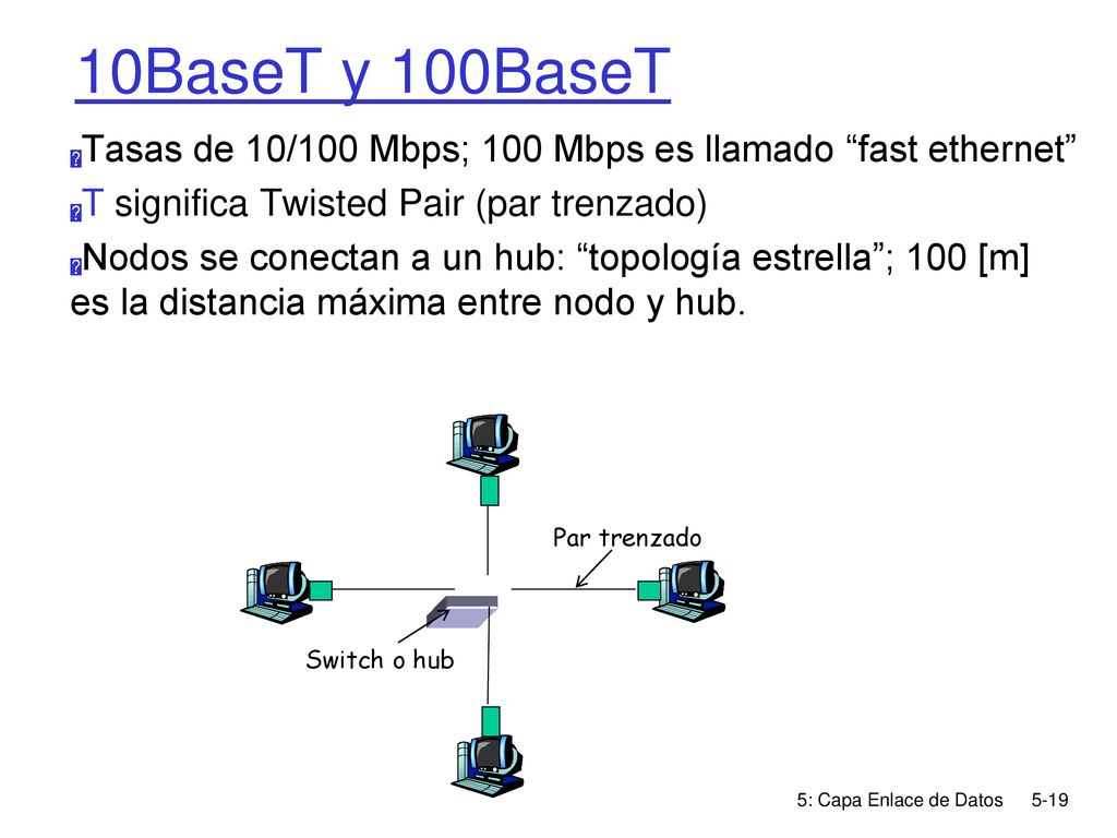 10BaseT y 100BaseT Tasas de 10/100 Mbps; 100 Mbps es llamado fast ethernet T significa Twisted Pair (par trenzado)