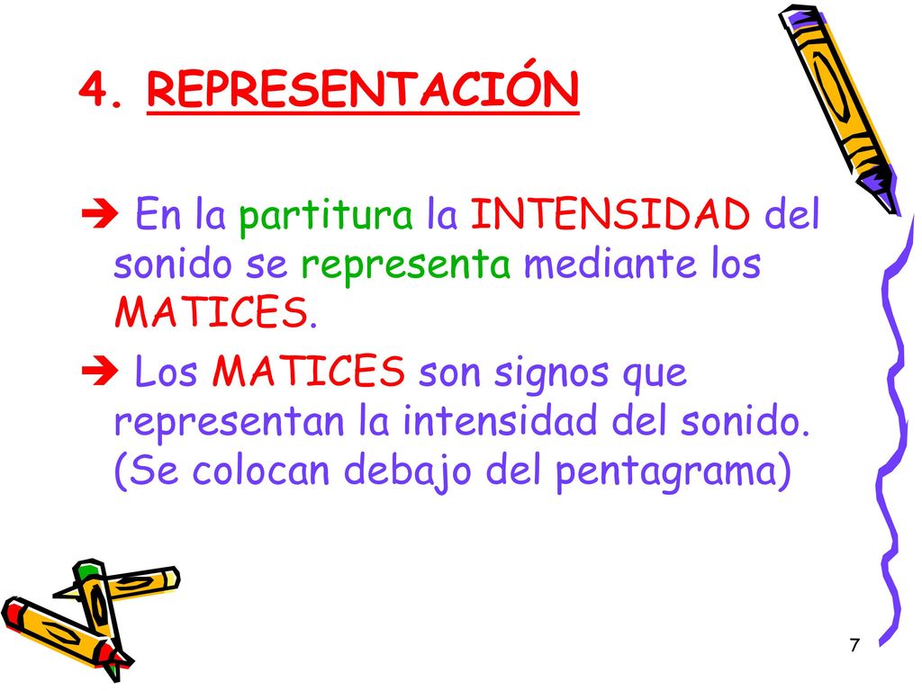 4. REPRESENTACIÓN En la partitura la INTENSIDAD del sonido se representa mediante los MATICES.