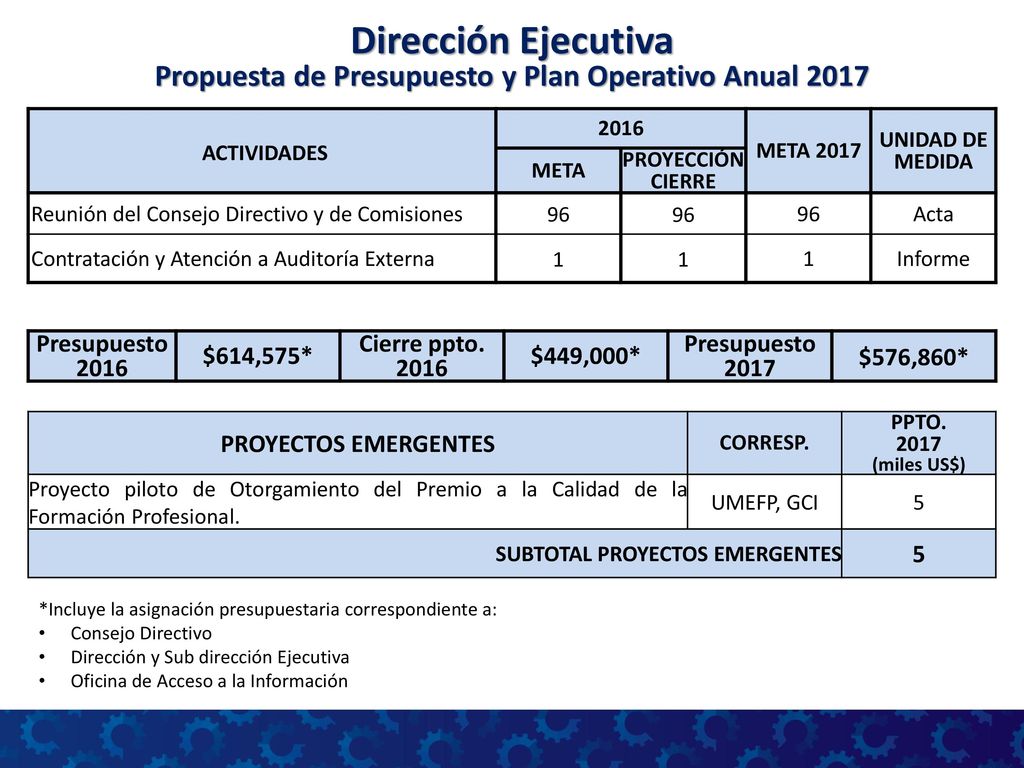 Dirección Ejecutiva Propuesta de Presupuesto y Plan Operativo Anual 2017