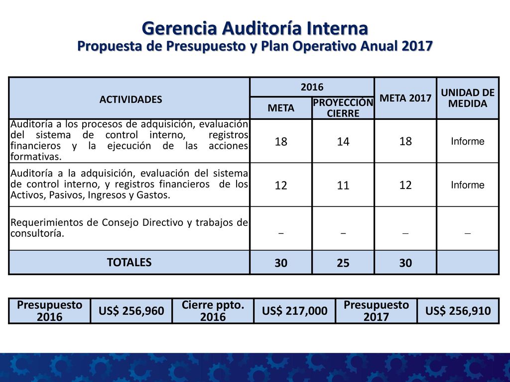 Gerencia Auditoría Interna Propuesta de Presupuesto y Plan Operativo Anual 2017