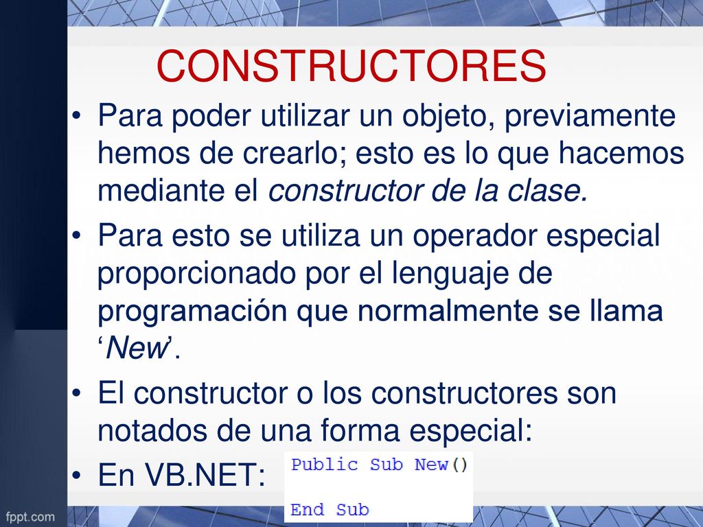CONSTRUCTORES Para poder utilizar un objeto, previamente hemos de crearlo; esto es lo que hacemos mediante el constructor de la clase.