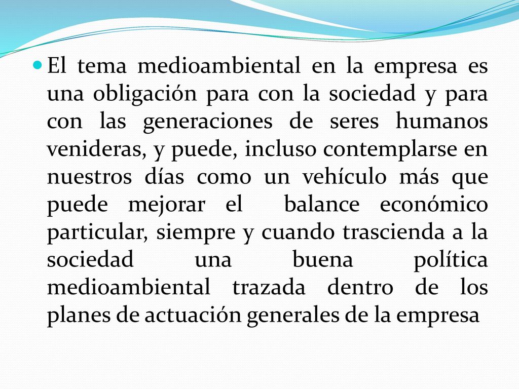 El tema medioambiental en la empresa es una obligación para con la sociedad y para con las generaciones de seres humanos venideras, y puede, incluso contemplarse en nuestros días como un vehículo más que puede mejorar el balance económico particular, siempre y cuando trascienda a la sociedad una buena política medioambiental trazada dentro de los planes de actuación generales de la empresa