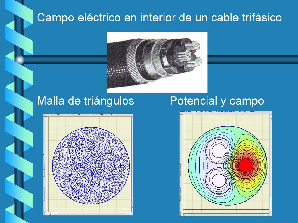 Campo eléctrico en interior de un cable trifásico Malla de triángulos Potencial y campo