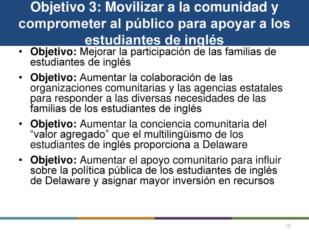 Objetivo 3: Movilizar a la comunidad y comprometer al público para apoyar a los estudiantes de inglés