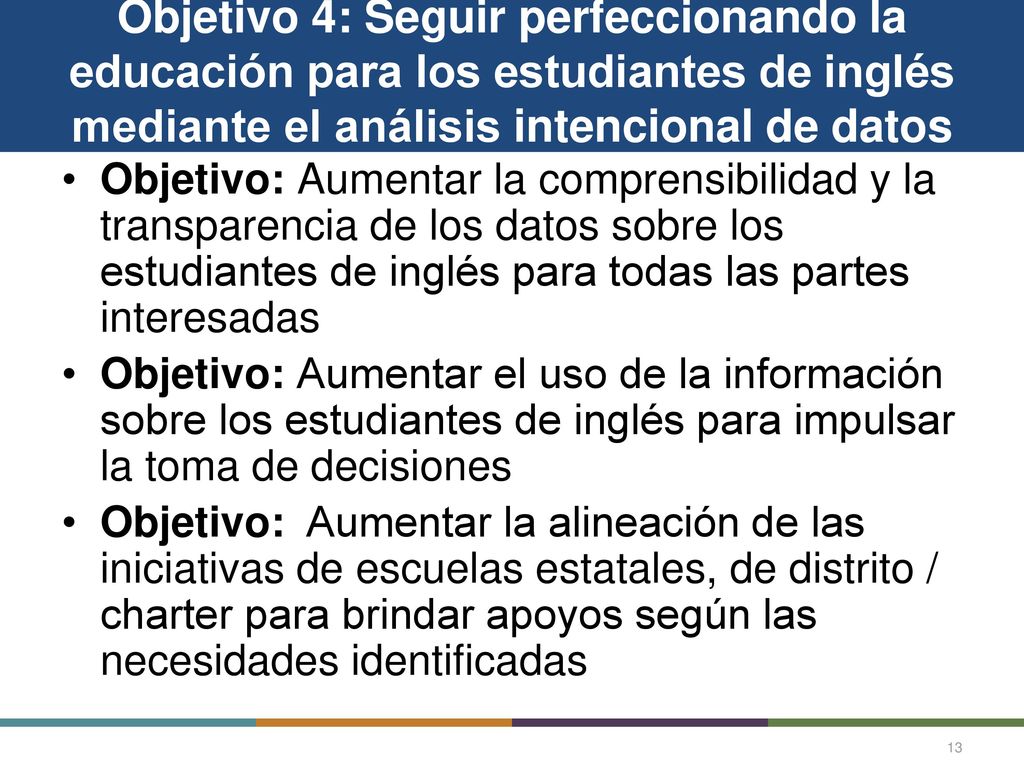 Objetivo 4: Seguir perfeccionando la educación para los estudiantes de inglés mediante el análisis intencional de datos