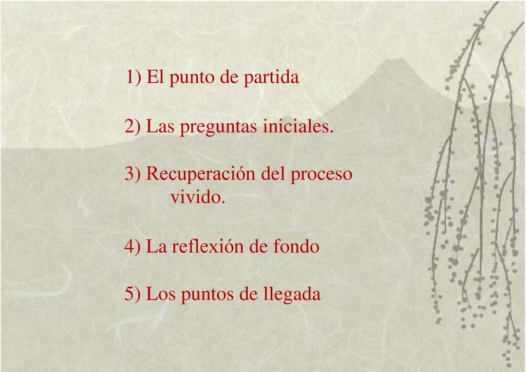 1) El punto de partida 2) Las preguntas iniciales. 3) Recuperación del proceso. vivido. 4) La reflexión de fondo.