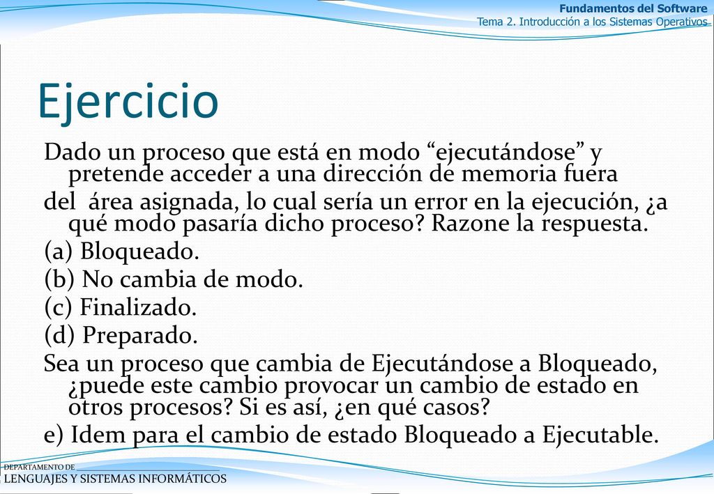 Ejercicio Dado un proceso que está en modo ejecutándose y pretende acceder a una dirección de memoria fuera.
