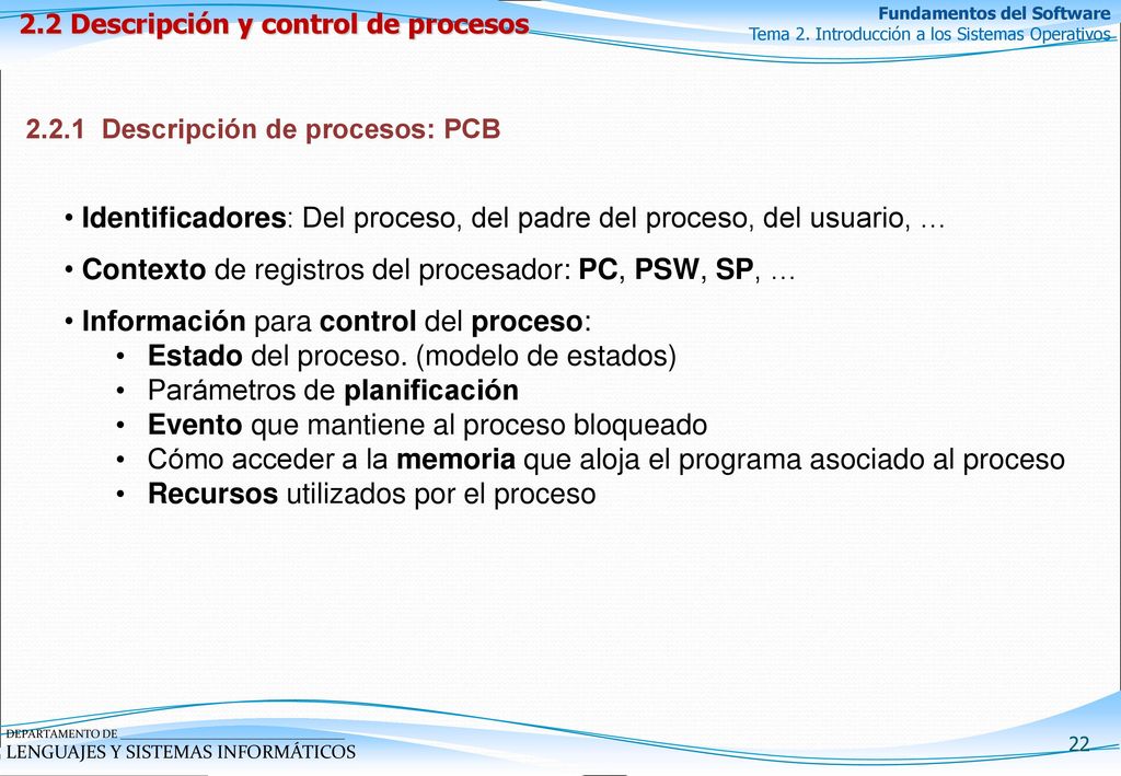 Identificadores: Del proceso, del padre del proceso, del usuario, …