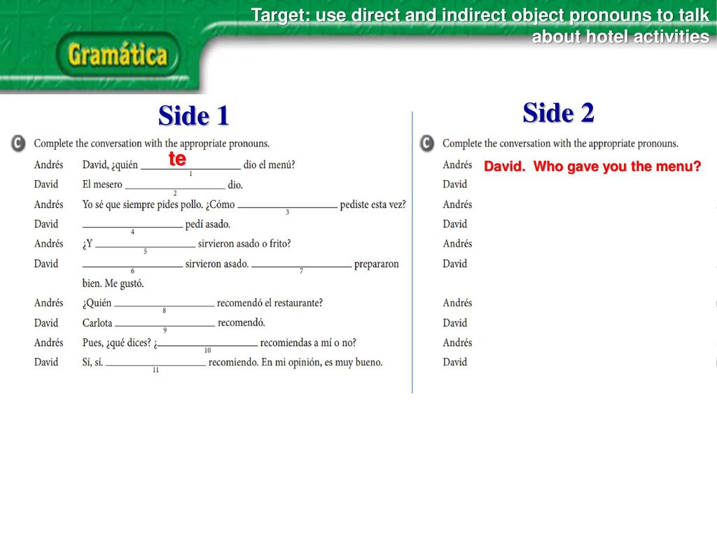 Target: use direct and indirect object pronouns to talk about hotel activities