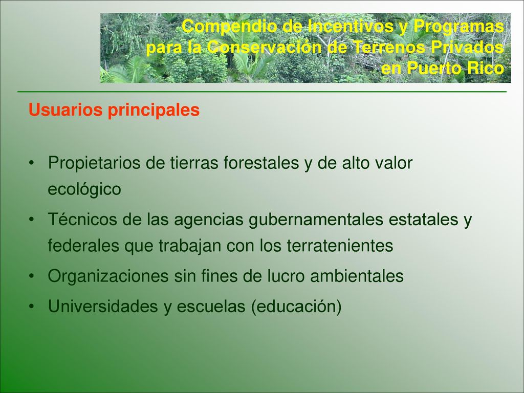 Compendio de Incentivos y Programas para la Conservación de Terrenos Privados en Puerto Rico