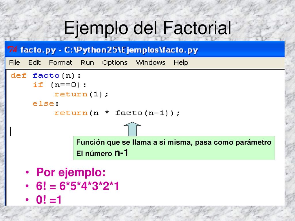 Ejemplo del Factorial Por ejemplo: 6! = 6*5*4*3*2*1 0! =1