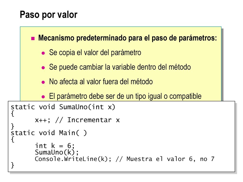 Paso por valor Mecanismo predeterminado para el paso de parámetros: