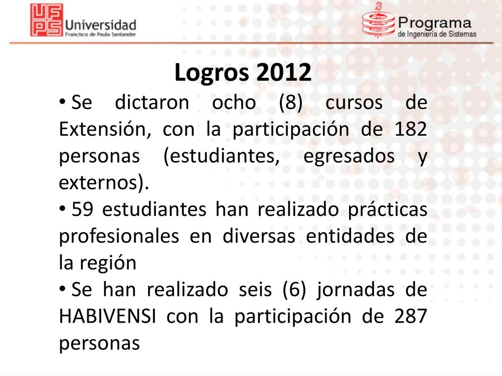 Logros 2012 Se dictaron ocho (8) cursos de Extensión, con la participación de 182 personas (estudiantes, egresados y externos).