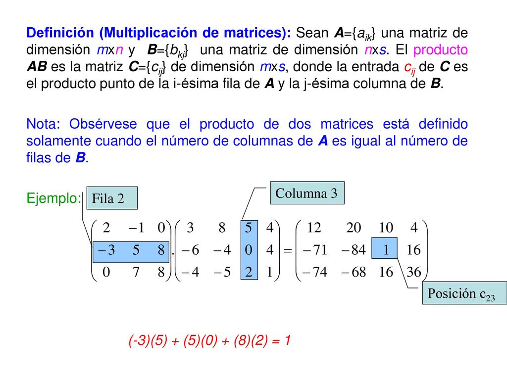 Definición (Multiplicación de matrices): Sean A={aik} una matriz de dimensión mxn y B={bkj} una matriz de dimensión nxs. El producto AB es la matriz C={cij} de dimensión mxs, donde la entrada cij de C es el producto punto de la i-ésima fila de A y la j-ésima columna de B.