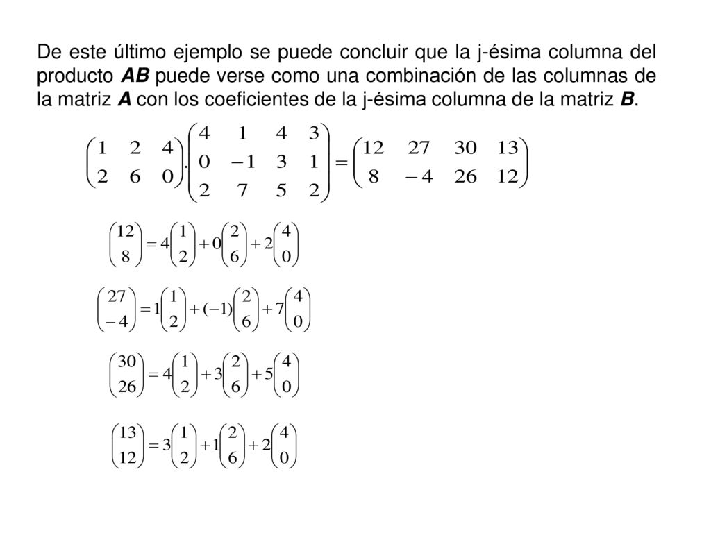De este último ejemplo se puede concluir que la j-ésima columna del producto AB puede verse como una combinación de las columnas de la matriz A con los coeficientes de la j-ésima columna de la matriz B.