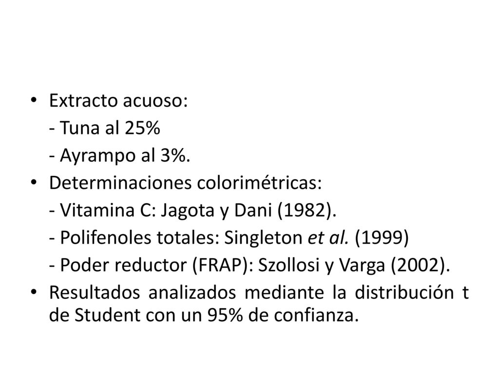 Extracto acuoso: - Tuna al 25% - Ayrampo al 3%. Determinaciones colorimétricas: - Vitamina C: Jagota y Dani (1982).