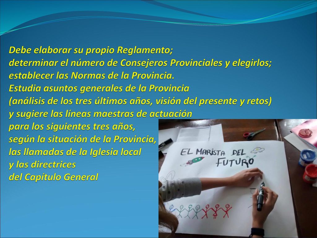 Debe elaborar su propio Reglamento; determinar el número de Consejeros Provinciales y elegirlos; establecer las Normas de la Provincia.