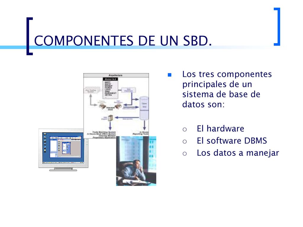 COMPONENTES DE UN SBD. Los tres componentes principales de un sistema de base de datos son: El hardware.