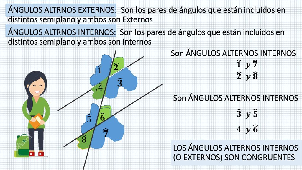ÁNGULOS ALTRNOS EXTERNOS: Son los pares de ángulos que están incluidos en distintos semiplano y ambos son Externos