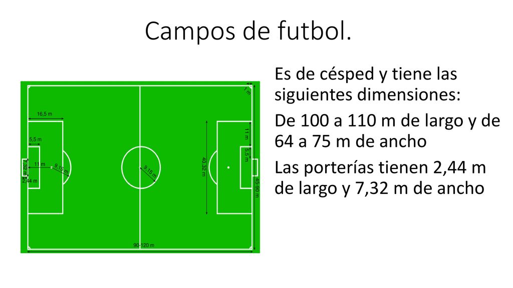 Campos de futbol. Es de césped y tiene las siguientes dimensiones: