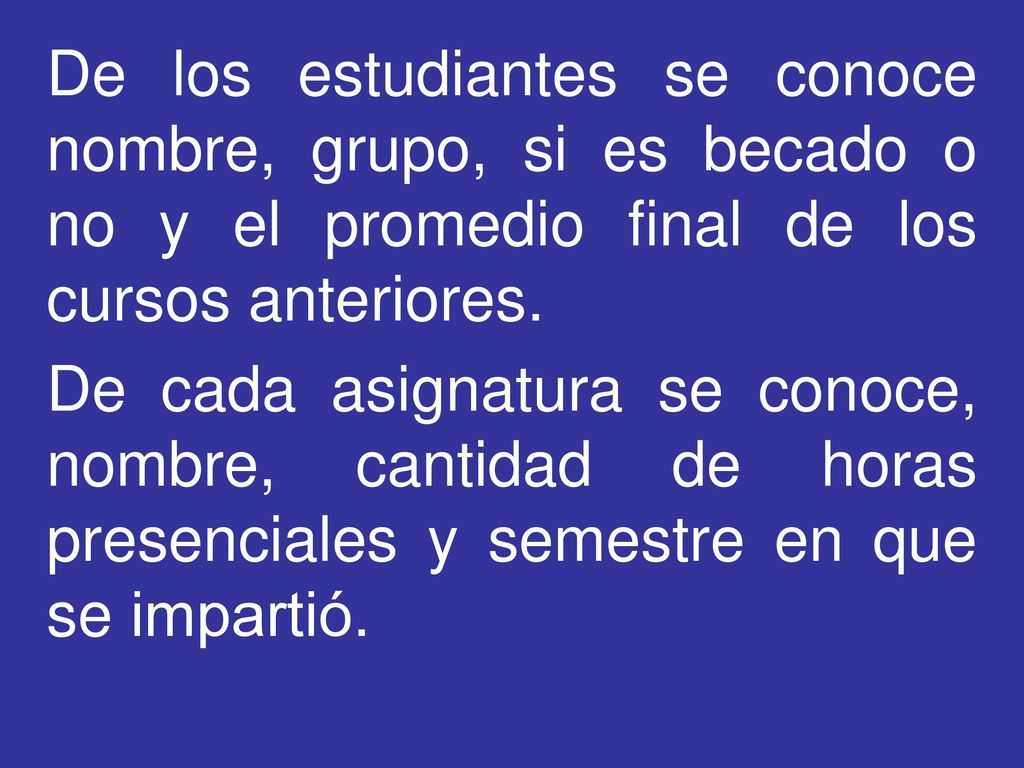 De los estudiantes se conoce nombre, grupo, si es becado o no y el promedio final de los cursos anteriores.