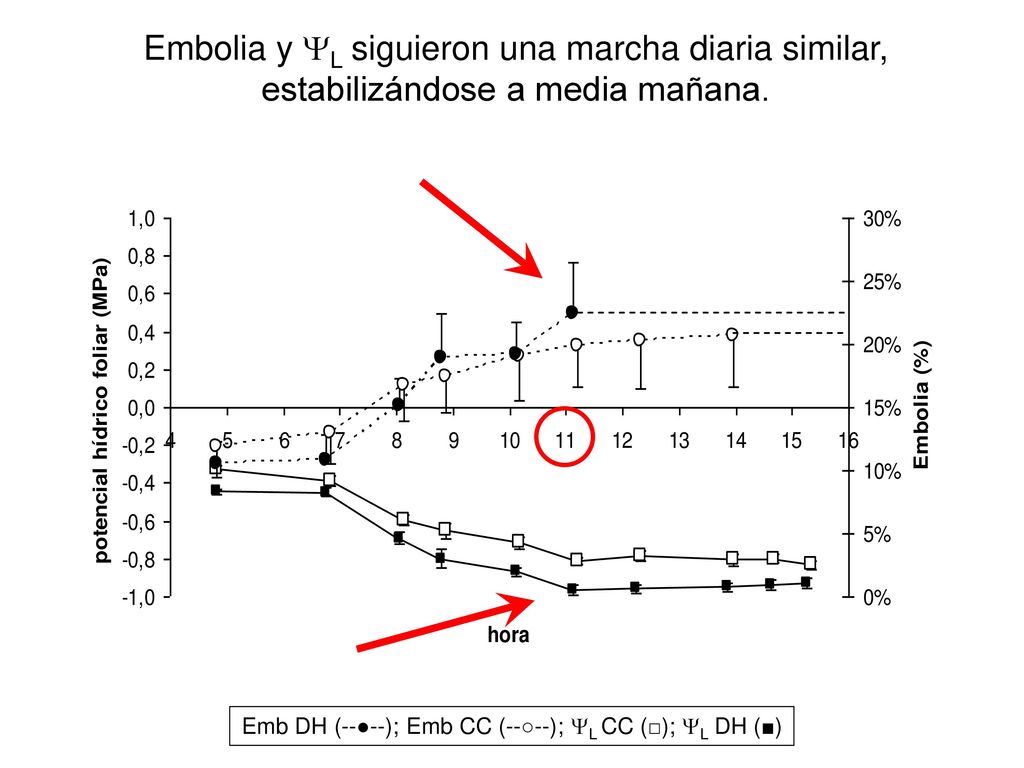 Emb DH (--●--); Emb CC (--○--); L CC (□); L DH (■)