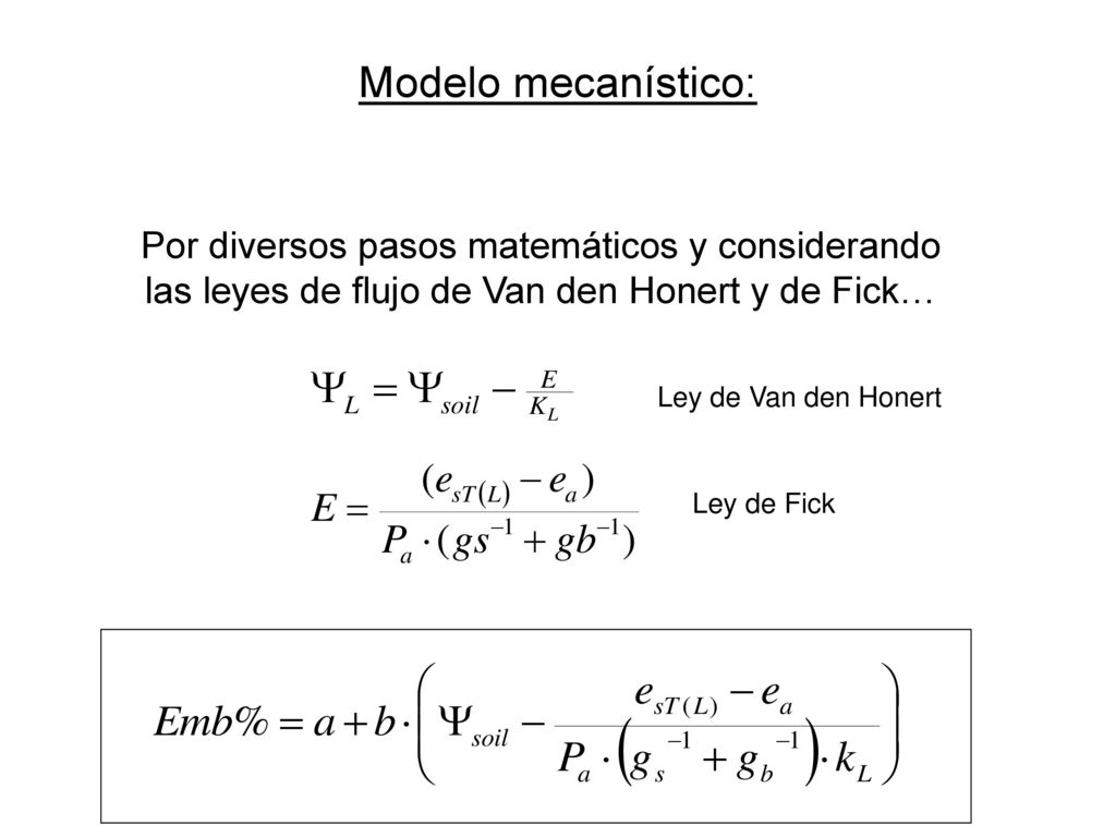 Modelo mecanístico: Por diversos pasos matemáticos y considerando las leyes de flujo de Van den Honert y de Fick…
