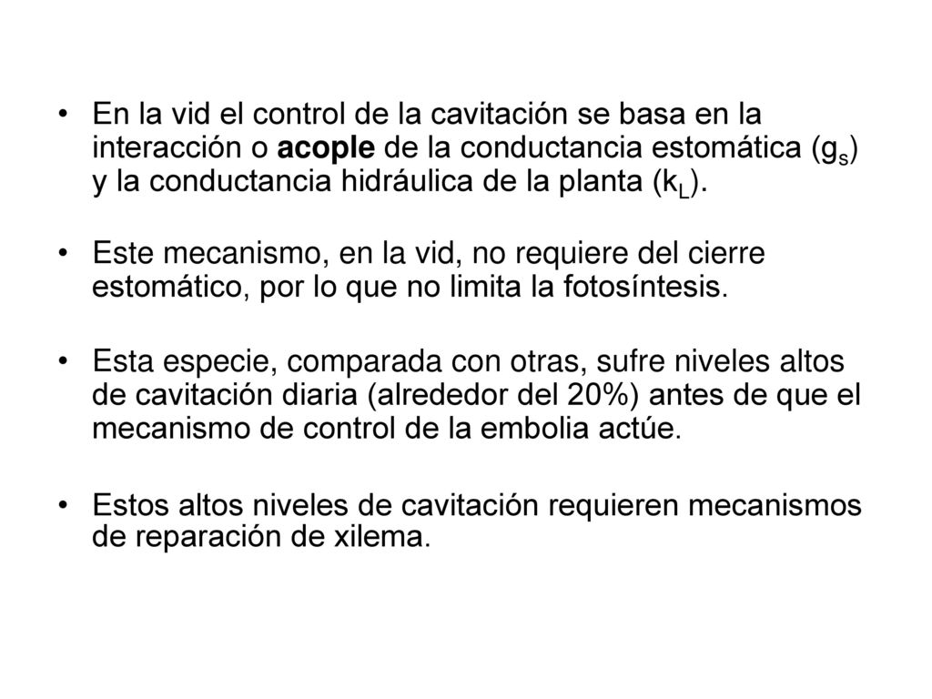 En la vid el control de la cavitación se basa en la interacción o acople de la conductancia estomática (gs) y la conductancia hidráulica de la planta (kL).