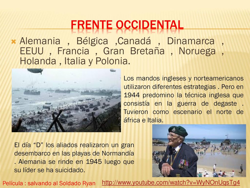 Frente occidental Alemania , Bélgica ,Canadá , Dinamarca , EEUU , Francia , Gran Bretaña , Noruega , Holanda , Italia y Polonia.