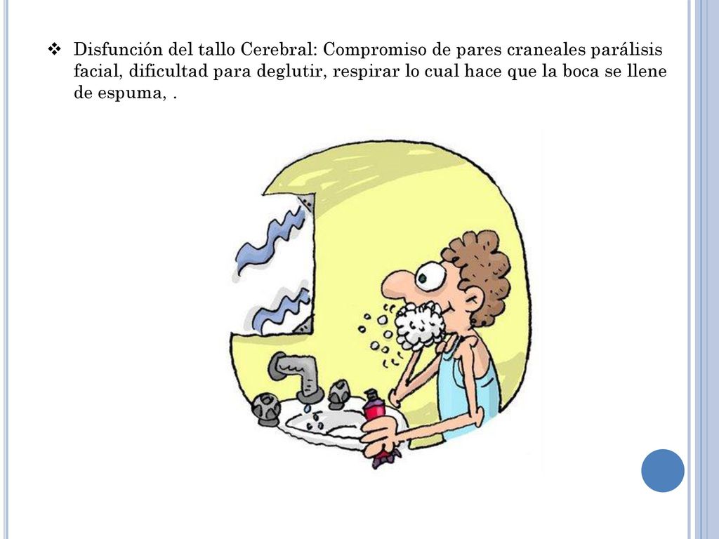 Disfunción del tallo Cerebral: Compromiso de pares craneales parálisis facial, dificultad para deglutir, respirar lo cual hace que la boca se llene de espuma, .