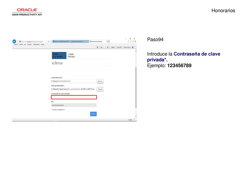 Honorarios Paso94 Introduce la Contraseña de clave privada*. Ejemplo: