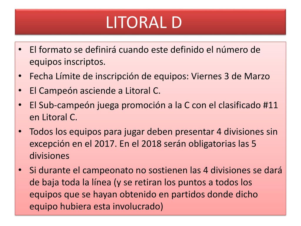 LITORAL D El formato se definirá cuando este definido el número de equipos inscriptos. Fecha Límite de inscripción de equipos: Viernes 3 de Marzo.