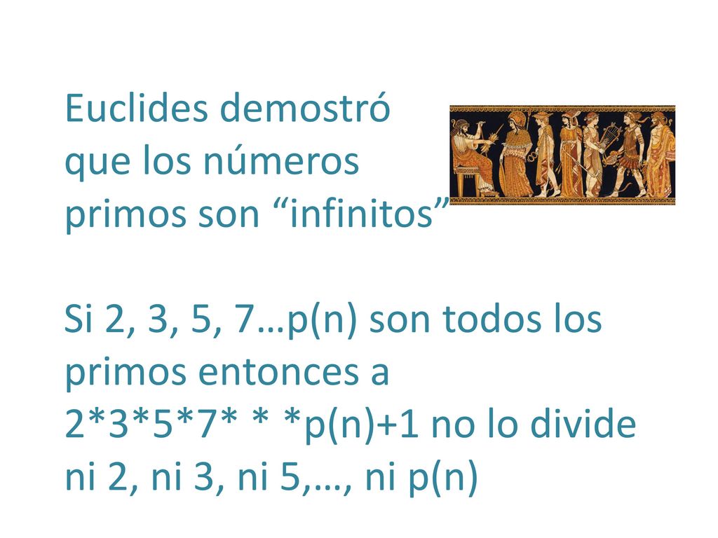Euclides demostró que los números. primos son infinitos Si 2, 3, 5, 7…p(n) son todos los primos entonces a.