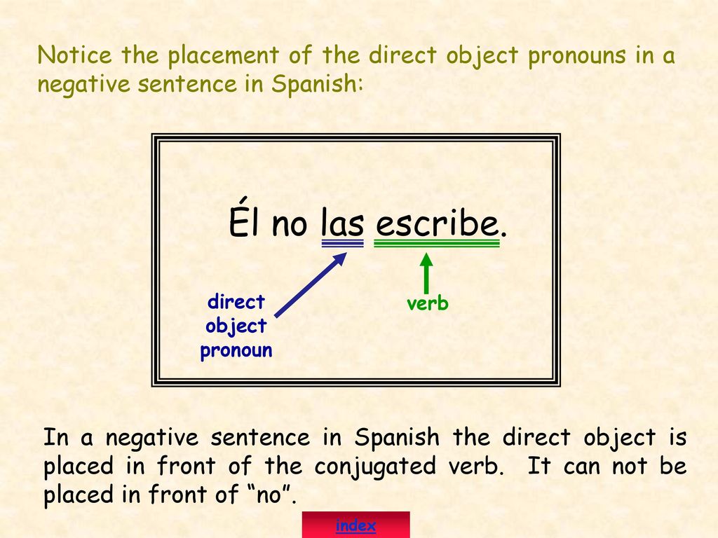 Notice the placement of the direct object pronouns in a negative sentence in Spanish: