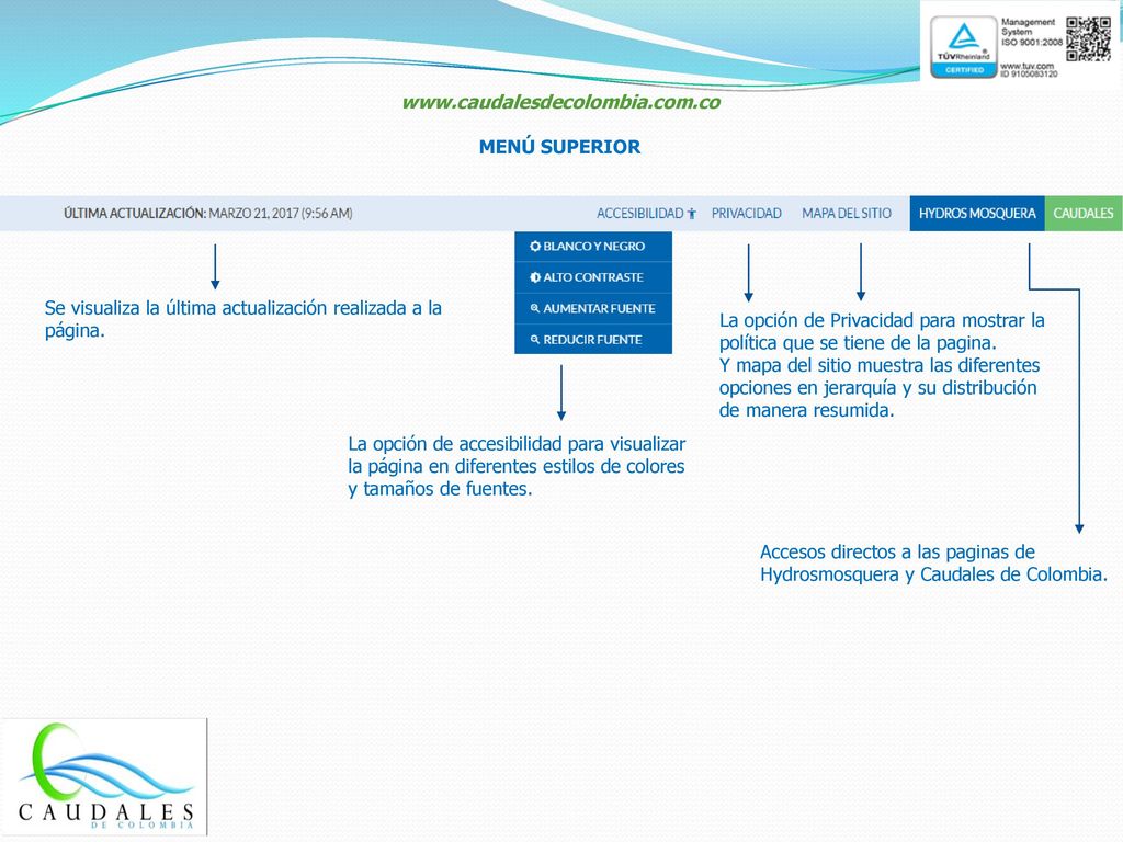 MENÚ SUPERIOR. Se visualiza la última actualización realizada a la página.