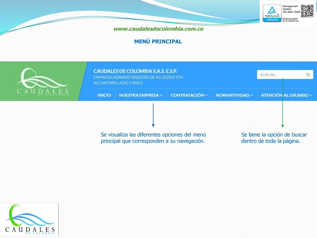 MENÚ PRINCIPAL. Se visualiza las diferentes opciones del menú principal que corresponden a su navegación.