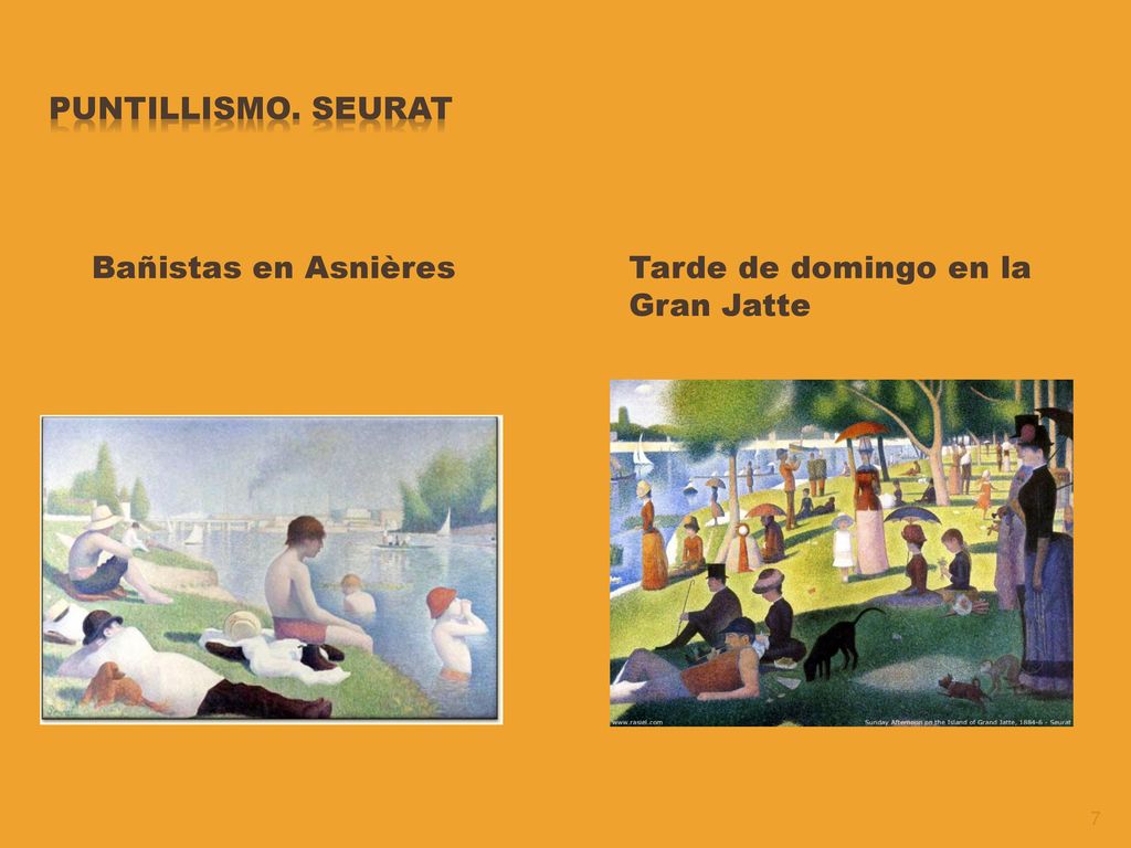 Puntillismo. SEURAT Bañistas en Asnières Tarde de domingo en la Gran Jatte