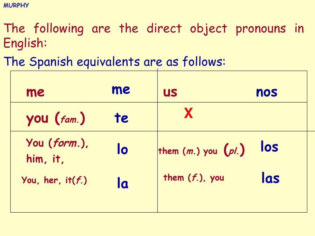 me me us nos X you (fam.) te los lo las la