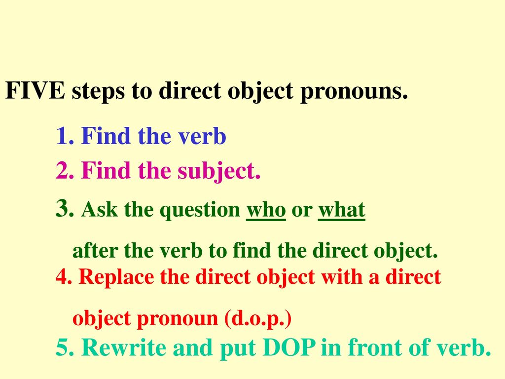 FIVE steps to direct object pronouns. 1. Find the verb