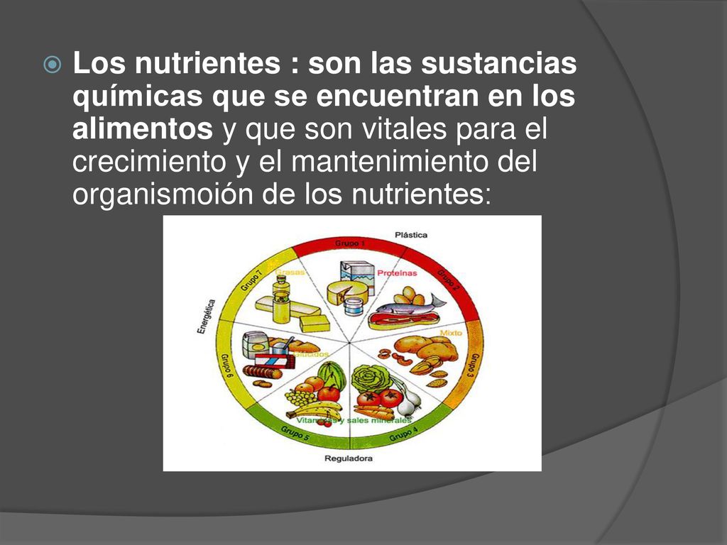 Los nutrientes : son las sustancias químicas que se encuentran en los alimentos y que son vitales para el crecimiento y el mantenimiento del organismoión de los nutrientes: