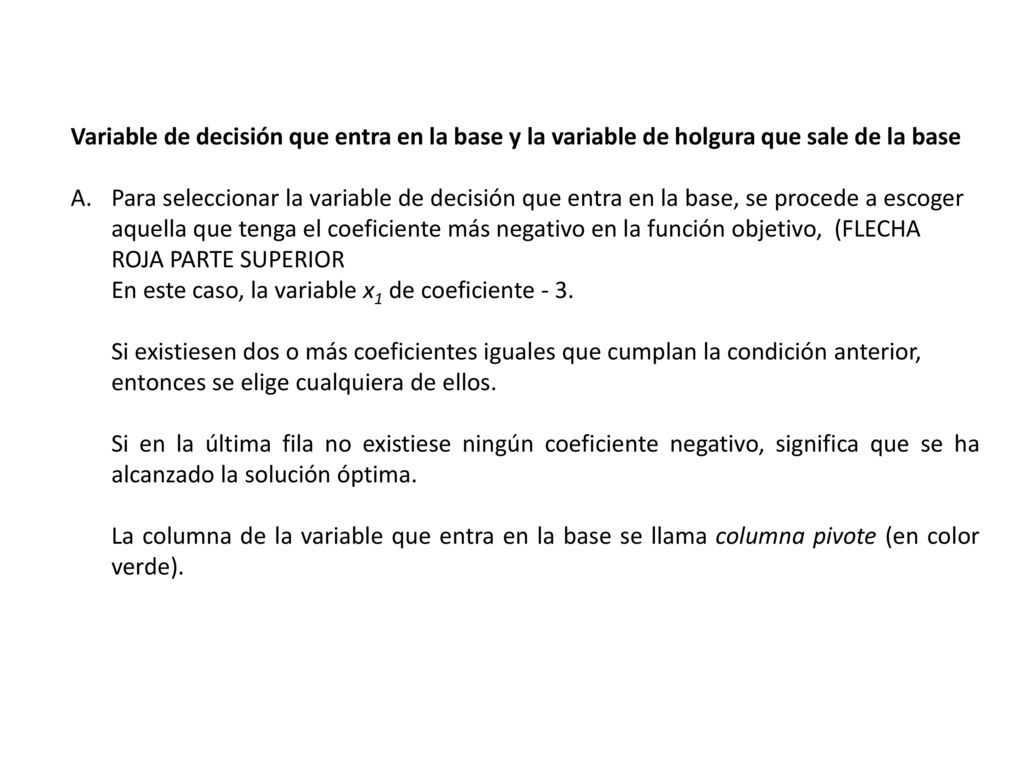 Variable de decisión que entra en la base y la variable de holgura que sale de la base