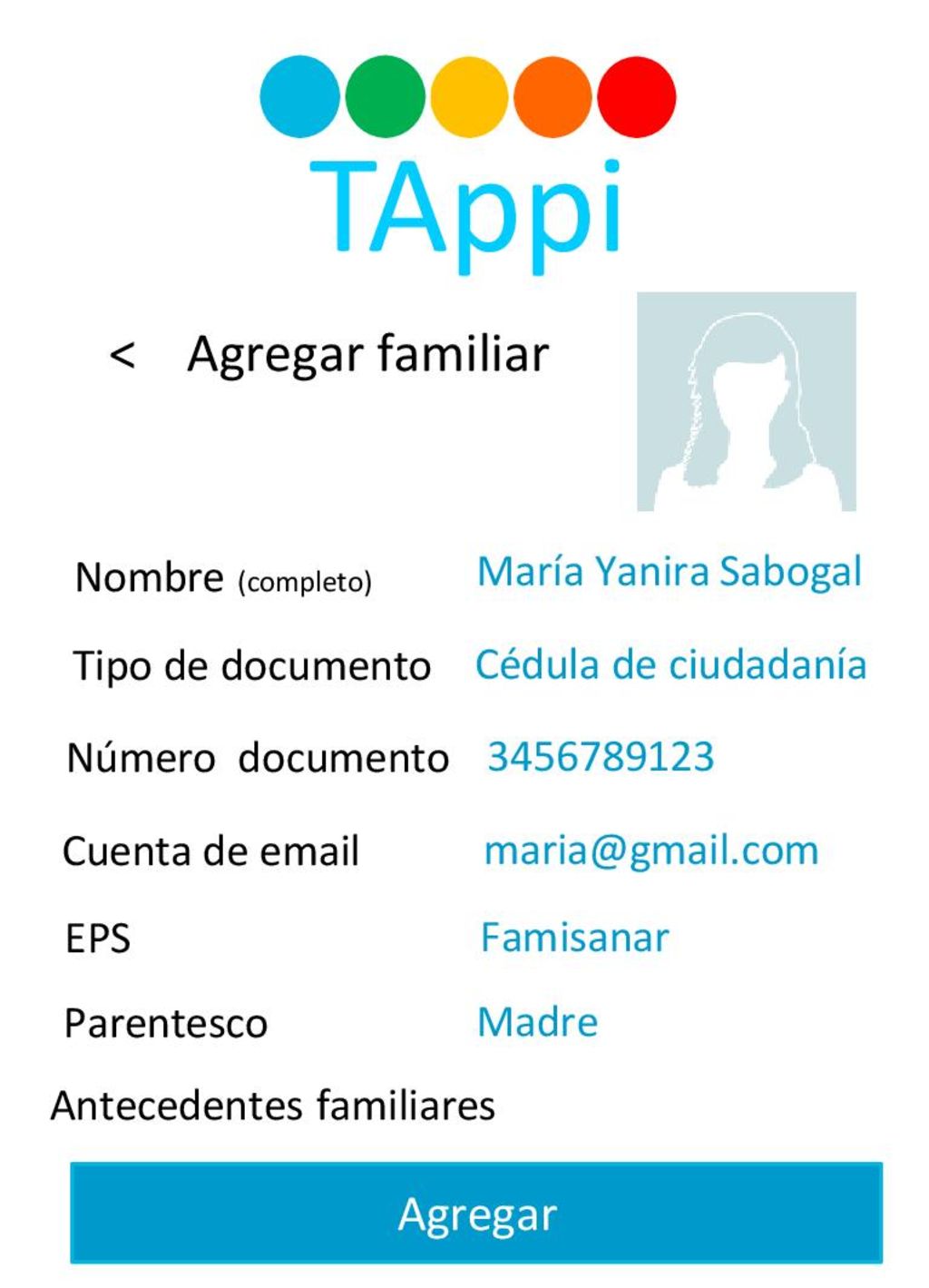 TAppi < Agregar familiar Agregar Tipo de documento