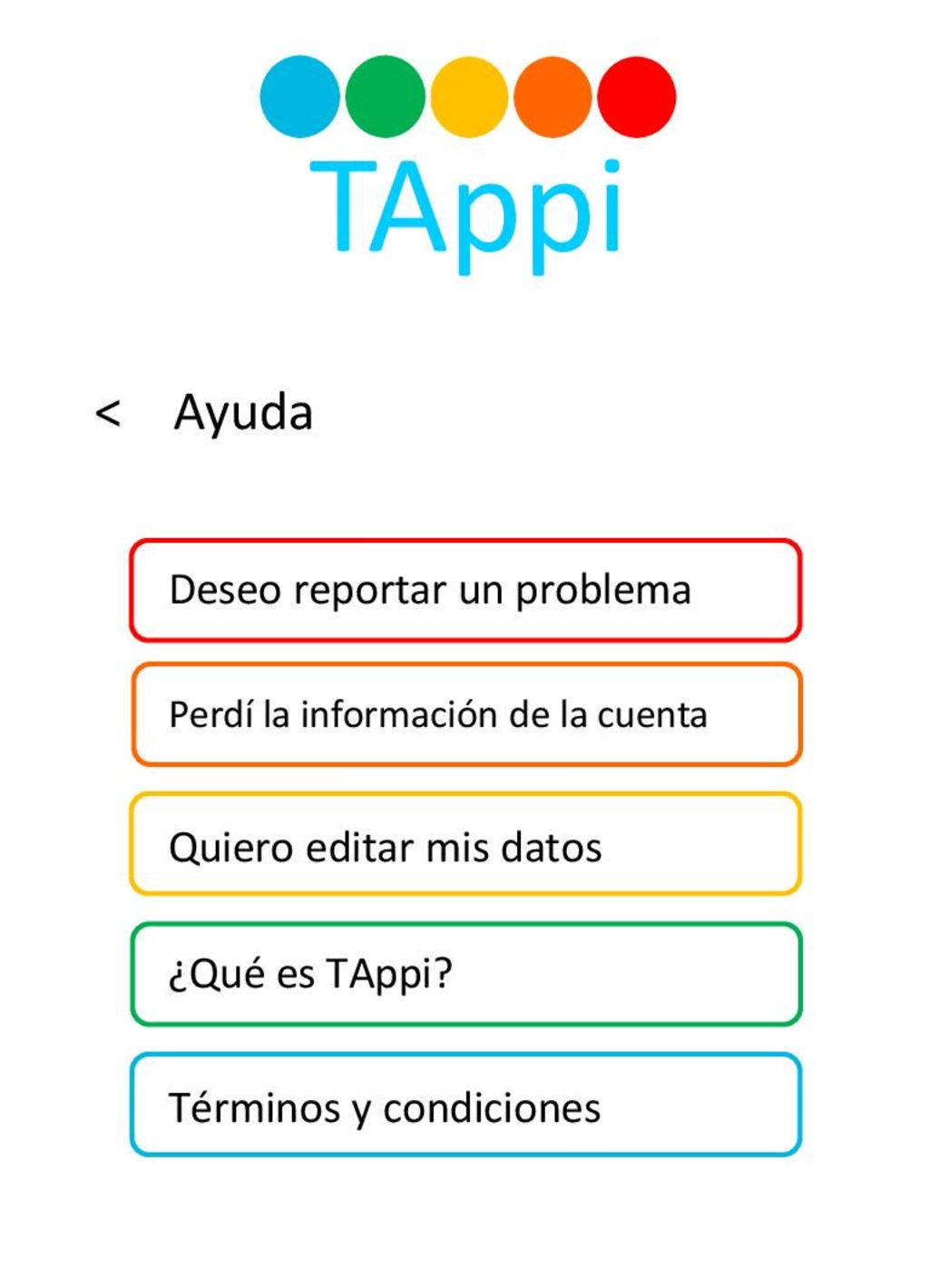 TAppi < Ayuda Deseo reportar un problema Quiero editar mis datos