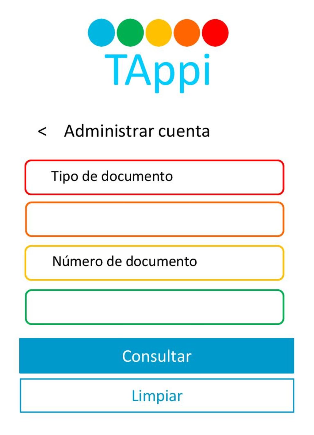 TAppi < Administrar cuenta Consultar Limpiar Tipo de documento