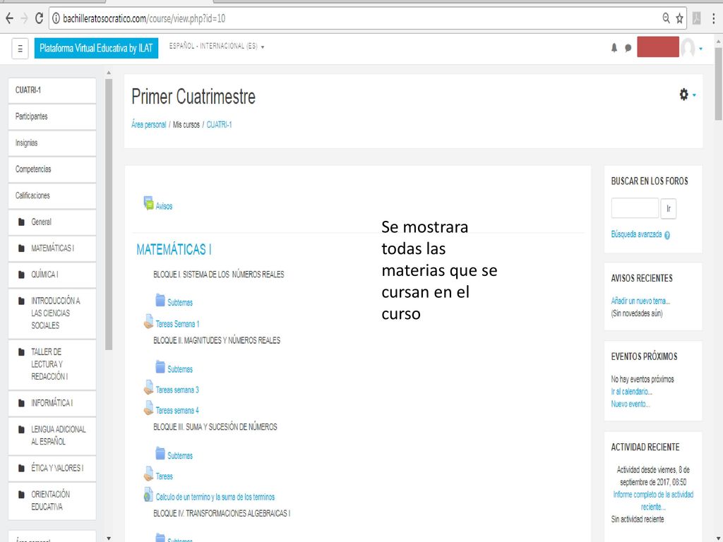 Se mostrara todas las materias que se cursan en el curso