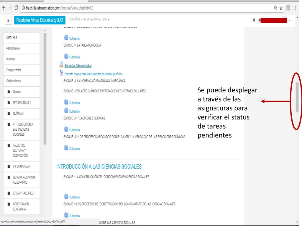 Se puede desplegar a través de las asignaturas para verificar el status de tareas pendientes