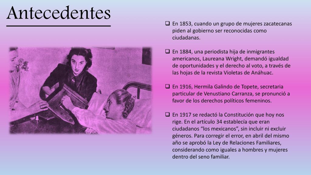Antecedentes En 1853, cuando un grupo de mujeres zacatecanas piden al gobierno ser reconocidas como ciudadanas.