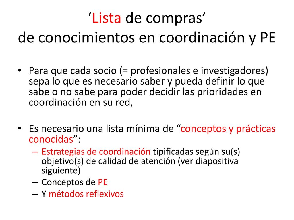 ‘Lista de compras’ de conocimientos en coordinación y PE